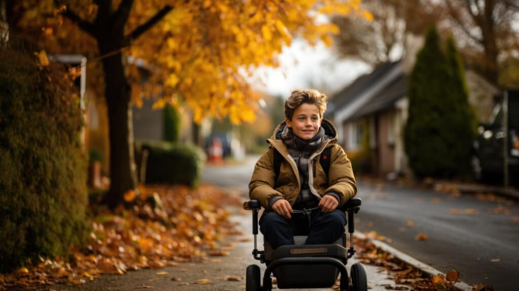 A Kid Again Central Ohio 2023 Impact from DCF Grant Award - young boy in wheelchair on Autumn day in old Dublin